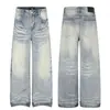 G60104 High Street Estilo Americano Tendencia Callejera para Hombres y Mujeres Diseño de Salpicaduras Bigote de Gato Jeans de Corte Recto Holgado