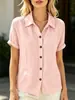 Camisa de manga curta lisa de cor sólida para mulheres, comércio exterior transfronteiriço eBay Amazon, top elegante vintage com colarinho drapeado e botões de madeira