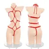 Body Lingerie Sexy Peça Única Abertura no Gancho Sem Tirar Transparente Manga Longa Corda Vermelha Sm Bondage Roupa de Tela