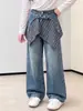 Jeans de Cuadros para Niña Otoño con Solapa Trasera 2026 Nuevo Estilo Coreano Sueltos Elegantes Casual Versátiles Pantalones Rectos para Niños