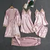Novos Pijamas Transfronteiriços de Comércio Exterior com Bojos, Camisola Sexy de Seda com Estampa Floral Dourada Conjunto de Cinco Peças, Roupa de Casa Fina