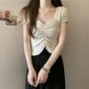 Camiseta Decote V Manga Curta 2025 Verão Novo Design Nicho Estilo Coreano Petite Top Curto com Clavícula Exposta Roupas Femininas