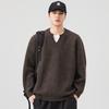 Outono e Inverno 2025 Nova Malharia Masculina Estilo Japonês Retrô Cor Pura Malharia Pulôver Decote em V Jaqueta Solta Casal