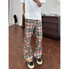 Calça Plaid Arco-Íris Retro Americana Masculina Verão Solta de Perna Reta Estilo Preguiçoso Vintage de Perna Larga Casual