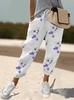 2024 Europeo y Americano Transfronterizo Amazon Comercio Exterior Algodón y Lino Cintura Elástica Pantalones Nueve Puntos Pantalones Casuales para Mujer