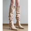 Botas Acamurçadas Pregueadas Empilhadas, Botas de Salto Alto Bico Fino Acima do Joelho para Mulheres, Novas Botas Altas Slimming Retro Outono e Inverno 2026
