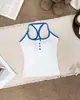 3640# Cor Nova de Primavera Blusinha de Alça Bloco de Cor Botão Acolchoado Design Versátil Alça Fina Top Cropped Feminino