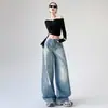 Estructura de Junta de Bambú Retro Americana Jeans de Cimitarra Sueltos para Mujer Pantalones Casuales Adelgazantes Pantalones Largos Azules Spandex