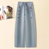 Jeans de Pierna Ancha Coloridos con Botones Estilo Americano Chica Picante para Mujer, Verano Cintura Alta Adelgazantes Pierna Recta Largo Hasta el Suelo Modernos Geniales Mezclilla