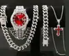 Reloj de Cuarzo Europeo y Americano Hip-Hop con Esfera Romana Completamente Incrustada de Diamantes, Juego de Cuatro Piezas, Collar Cubano Incrustado de Diamantes, Cadena de Cruz, Cadena Trenzada