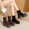 Botas Retro para Mujer 2025 Otoño e Invierno Nuevo Estilo Suela Gruesa Pequeña Elevadoras Estilo Británico Tacón Grueso Negro Botines Cortos Ajustados