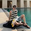 Chal de Punto Rayado Hueco en Bloques de Color para Hombre, Camiseta sin Mangas Estilo Vacaciones de Verano, Camiseta sin Mangas Relajada y Transpirable