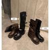 Botas de Cuero de Vaca Estilo Nuevo con Aumento de Altura de 6 cm~Moderna Hebilla de Cinturón Puntera Cuadrada Redonda Botas de Montar de Cuero de Media Altura Plisadas para Mujer en Otoño