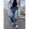 Nuevos Jeans Creativos Estilo Americano con Bordado de Letras y Pétalos para Hombres y Mujeres, Tendencia Nacional Retro Sueltos Rectos de Pierna Ancha