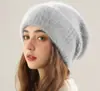 Chapéu de Tricô de Pelo de Coelho com Circunferência de Cabeça Grande para Outono e Inverno para Mulheres, Gorro Quente de Cor Sólida com Proteção para Orelhas, Chapéu de Tricô Solto Estilo Coreano