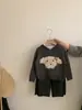 Conjunto de Dos Piezas de Moda para Niñas Estilo Coreano Top de Terciopelo Suéter de Punto con Capucha de Perro Pantalones de Cuero y Terciopelo Otoño e Invierno Nuevo