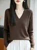 Suéter fino de lana para mujer, corte ajustado, canalé vertical, patrón tridimensional de espina de pescado, cuello en V, manga larga, adecuado para el trabajo, capa interior de punto