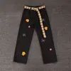 Jeans Feminino de Verão Tendência Criativo com Estampa Floral Aveludada Xadrez com Cinto Corte Reto Caimento Amplo Perna Larga