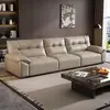 Sofá de línea recta estilo crema de cuero genuino, sofá moderno de lujo ligero de cuero de capa superior, sofá minimalista italiano para sala de estar para espacios pequeños