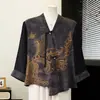 Nova Blusa Chinesa de Manga Três Quartos para Mulheres, Novo Estilo de Verão, Top Rejuvenescedor para Mães, Camisa Curta Estampada Estilo Nacional de Seda Gelo