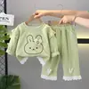 Nuevo Ropa Exterior Casual y Cómoda 2025 para Niños Pequeños y Medianos Traje de Dos Piezas con Cabeza de Conejo Cuello Redondo Manga Larga para Niñas Conjunto de Dos Piezas de Manga Larga Primavera y Otoño