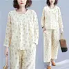 Pijama de Algodón Nube para Mujer, Nuevo Conjunto de Manga Larga y Pantalón Largo con Cuello Redondo para Primavera y Otoño, Holgado y Elegante, Se Puede Usar Afuera como Ropa de Casa