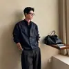 Camisa de trabajo azul oscuro con cuello mao para hombre, manga larga, top chic de otoño, tacto de alta calidad, estilo rebelde guapo, camisa casual holgada