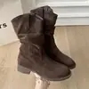Botas de Plataforma com Salto Grosso Sazonal First Encounter para Mulheres 2026 Novas Botas de Cano Médio franzidas de Outono Verão Botas Curtas Slim