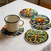 Conjunto de Porta-Copos de Madeira Xadrez com Vidro Pintado Transfronteiriço com Padrão Mandala, Porta-Copos Artísticos de Mesa Estilo Europeu