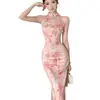 Cheongsam mejorado de estilo chino transfronterizo, sin mangas, hombros descubiertos, vestido de cuello halter, para mujer, de verano, entallado a la cintura, vestido largo con abertura