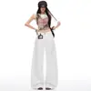 Jeans Wide-Leg Laranja Infantil com Design de Fivela Paris Branca para Mulheres, Caimento Solto, Emagrecedor, Valoriza a Silhueta, Versátil, Calças Longas até o Chão.