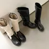 Botas de cuero tipo caballero para mujer con hebilla de cinturón, caña ancha, nuevo modelo de otoño e invierno, piel genuina, punta redonda, tacón medio, botas altas rectas hasta la rodilla