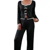 Pijama de otoño e invierno para mujer Xiyin Amazon transfronterizo con cuello cuadrado y lazo, conjunto de loungewear casual de moda de manga larga y pantalón largo