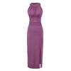 Vestido Morado Estilo Pura Pasión con Cuello Halter, Almohadillas en el Pecho y Lazos, Falda Larga Elegante con Abertura para Mujer, Falda Ceñida al Cuerpo