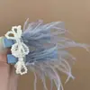 Azul marinho denso! Grampo de cabelo de pena com laço de pérola! Acessórios de cabelo com franja tipo bico de pato, novos para o cabelo