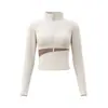 Chamarra de yoga de dos tonos con cuello alto y cierre para mujer, corte ajustado, manga larga, secado rápido, adecuada para fitness, correr y deportes