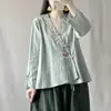 Camisa de botones estilo retro, nueva camisa de algodón y lino bordada estilo chino, cuello en V, vestido de té para mujer 2026 primavera/otoño, top cárdigan corto
