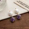 Aretes de Perlas Genuinas Naturales Originales, Diseño de Nicho de Lujo Ligero con un Toque de Alta Gama, Artesanía de Amatista, Aretes de Plata de Alta Calidad para Mujer