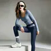Conjunto de Yoga de Cintura Alta Levanta Glúteos para Mujer, Manga Larga con Almohadillas en el Pecho, Pantalones Largos de Bloque de Color, Secado Rápido, Transpirable, Ropa Deportiva para Pilates y Fitness