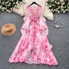 Vestido largo de manga larga con cuello en V y estampado estilo vacacional para mujer, colección otoño 2026, con cintura ceñida, efecto adelgazante y una silueta fluida y elegante