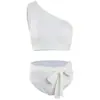 Traje de baño bikini sexy de cintura alta con soporte de acero recogido en el pecho pequeño para mujer, de un solo hombro, estilo hada blanco, estilo coreano para vacaciones