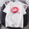 Estação Europeia Transfronteiriça Camiseta Branca de Gola Redonda Manga Curta Feminina Verão Novo Estampa de Lábios Americana Top Solto