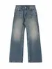 Jeans Lavados Personalizados Estilo Urbano Retro Americano de Tiro Alto con Diseño de Remaches, Pantalones de Pierna Ancha de Moda para Otoño