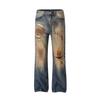 Mankun FX008-Estilo Europeu e Americano Rua Principal Rua de Comércio Indústria Pesada Tingido com Lama Amarela Rasgado Retrô Jeans Velho para Homens e Mulheres