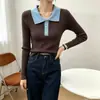Tiro real: Tricô de gola alta com blocos de cor estilo coreano, manga longa, novo design moderno e slim fit, versátil para mulheres