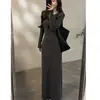 Estilo Nuevo de Otoño Elegante Estilo de Oficina Cuello Redondo Raya de Botones Cintura Ceñida Adelgazante Temperamento Vestido de Manga Larga Falda Larga Ropa para Mujer