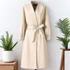 Abrigo de cuero con cordones de doble botonadura de longitud media para mujer Haining, gabardina elegante, nueva chaqueta de piel de oveja para otoño e invierno