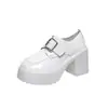 Sapatos de Couro com Salto Bloco Estilo Britânico para Mulheres Primavera 2026 Novos Fivela de Metal Bico Redondo Sola Grossa Sapatos Mary Jane Franceses
