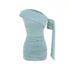 Vestido Mini Sexy Puro de Manga Curta e Um Ombro com Design de Fita para Mulheres Baixas, Vestido Bodycon Franzido para o Verão