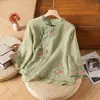 Nuevo Top de Estilo Étnico Chino de Algodón y Lino Bordado Vintage Botón de Solapa Diagonal Manga Siete Puntos Camiseta Artística para Mujer Primavera Otoño Verano